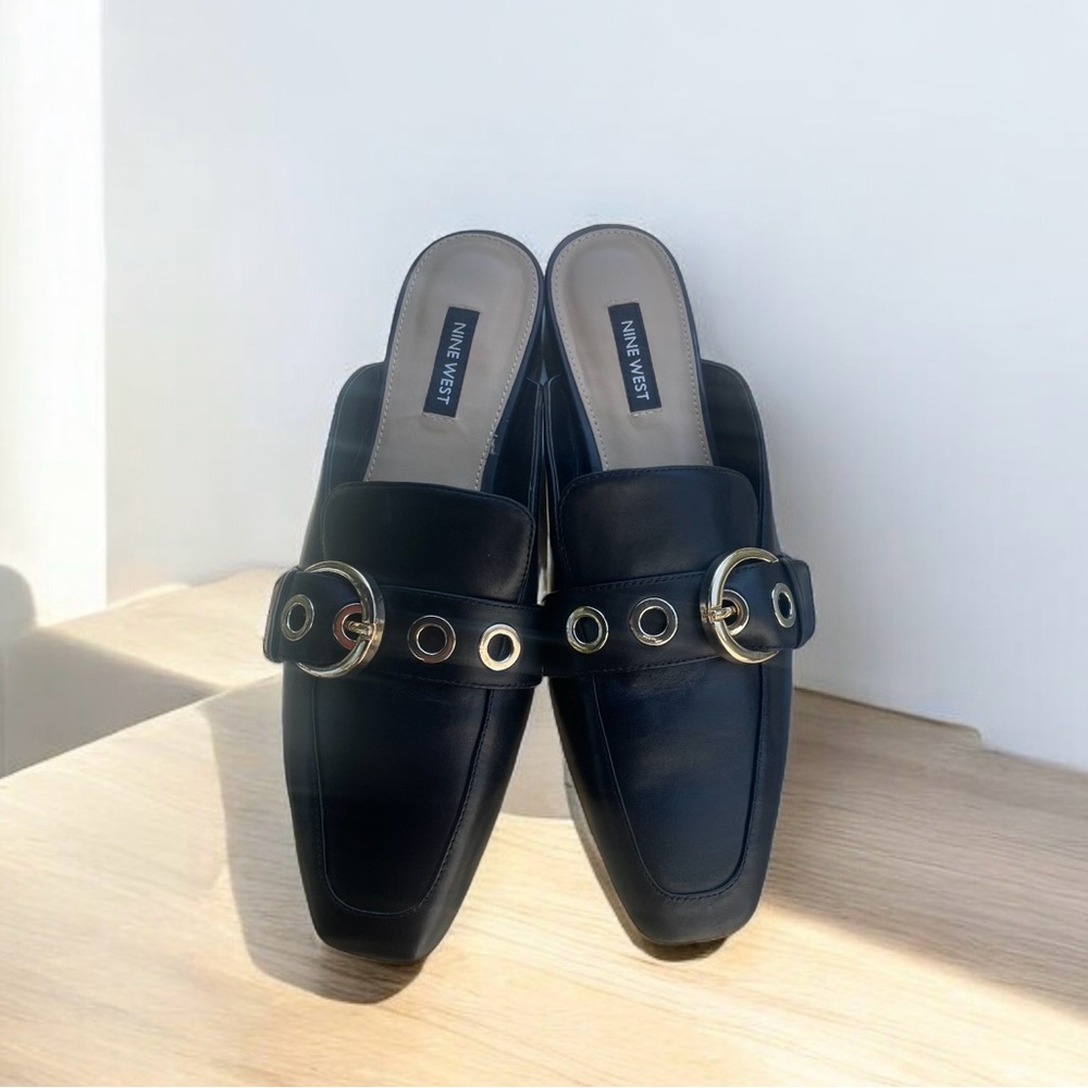 NINE WEST ARIYA Black leather Slip On slide mules Square toe Women’s SZ 7.5